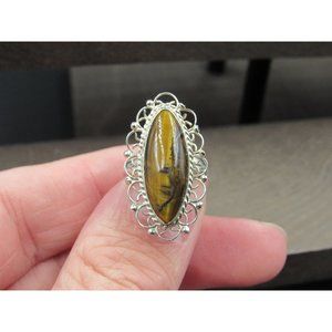 Size 5.5 Sterling Silver Fancy Long Tiger's Eye Stone Band Ring Vintage